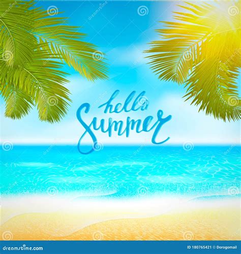 Summer Beach Poster With Sunshine Blue Sea And Cloudy Sky Vector