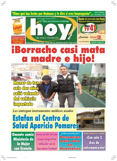 Últimas noticias del mundo en español. Periódico Hoy Perú (Perú). Periódicos de Perú. Edición de miércoles, 26 de febrero de 2014 ...