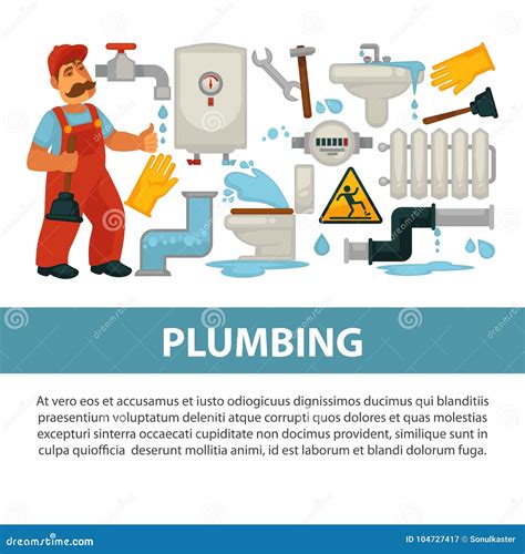 Plumbing Service Vector Poster Of Bathroom Toilet Or Kitchen Plumber