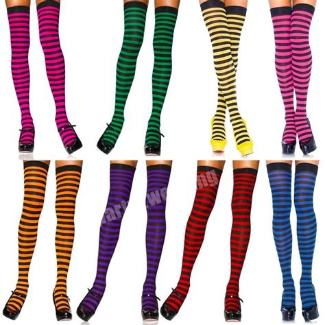 Over Knee Socks Plain Striped Rainbow High Ladies Long Womens Stripey