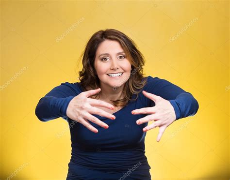 Woman With Raised Up Palms Arms At You Offering Hug — Stock Photo