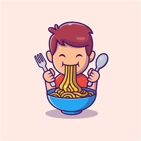 Cute Kid Eat Ramen Noodle Cartoon Icon Illustration Concepto De Icono