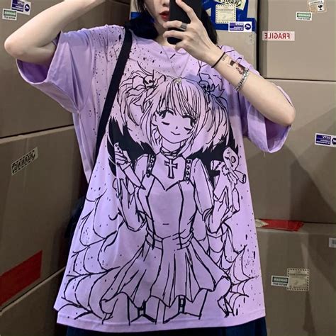 Itgirl Shop Anime Girl Printed Black And White Oversized T Shirt