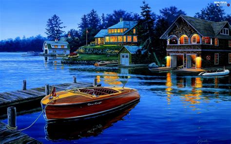 Boat Evening By Lake Houses Beautiful Views Wallpapers 1920x1200