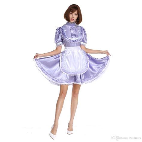 Hi Neck Frilly Sissy Lockable Lavender Satin Dress Costume Crossdress