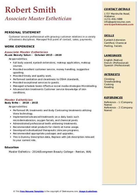 Master Esthetician Resume Samples Qwikresume