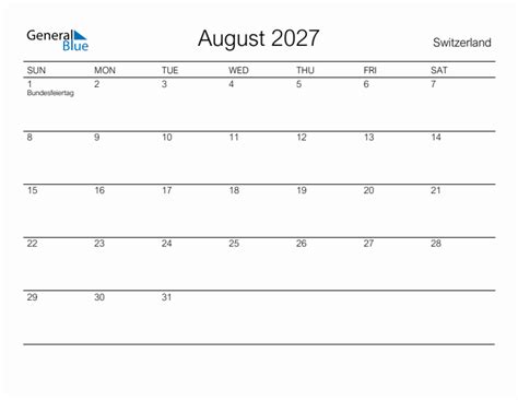 Printable August 2027 Monthly Calendar With Holidays For Switzerland