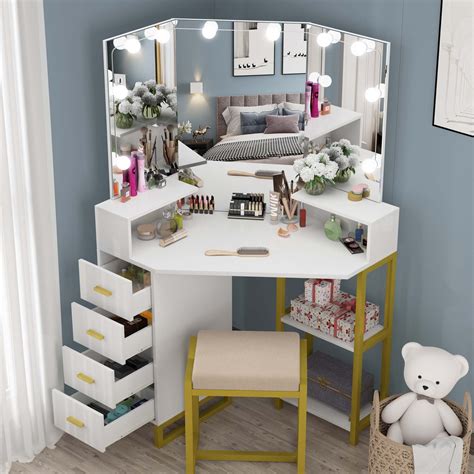 Pakasept Corner Vanity Set With Three Fold Mirror And 10 Light Bulbs