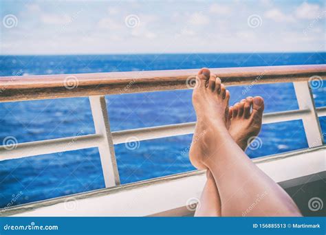 Cruise Vacation Travel Woman Relaxing With Feet On Balcony Ship Deck At