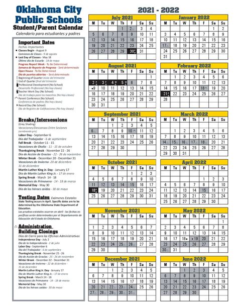Oklahoma City Public Schools Calendar 2021 2022 In Pdf