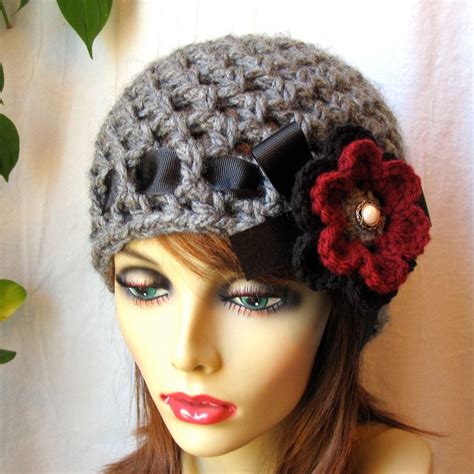 Crochet Hat Charcoal Grey Womens Hat Beanie Flower Ohio Buckeye