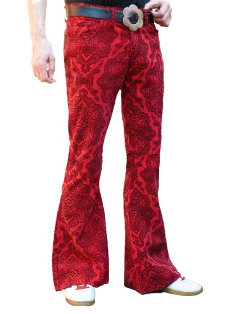 Flares Red Paisley Mens Bell Bottoms Corduroy Pants Vtg Hippie Trousers