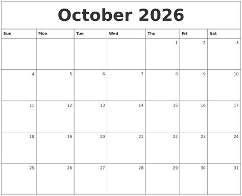 October 2026 Monthly Calendar