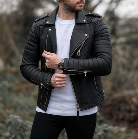 New Mens Genuine Lambskin Leather Jacket Black Slim Fit Biker