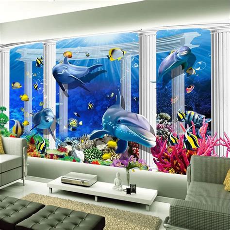 3d Wallpaper Home Decor Photo Background Underwater Dolphin Coral