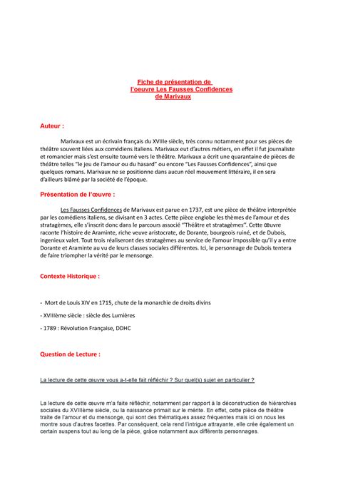 Fiche de lecture - Les Fausses confidences (Oral Fr) - Fiche de