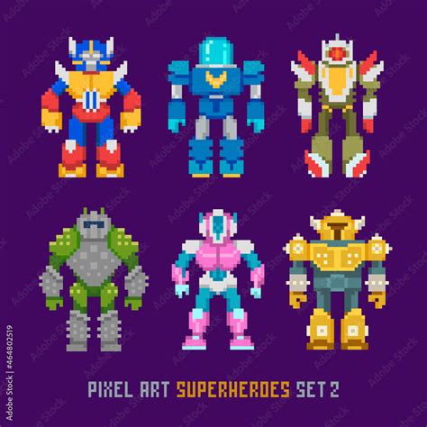Pixel Art Cartoon Robots And 8 Bit Superheroes Isolated Vector Set 2