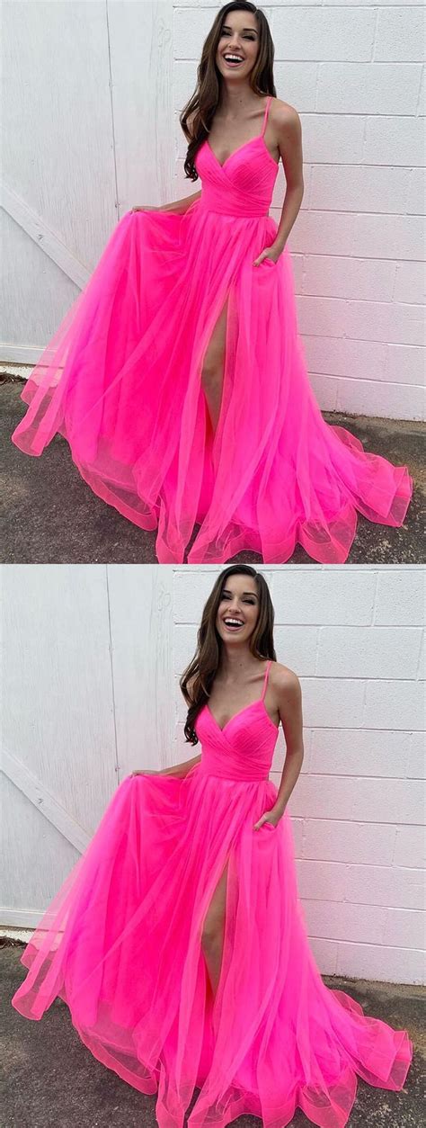 V Neck Hot Pink Long Prom Dresses V Neck Hot Pink Long Formal Evening Dresses Prom Dresses