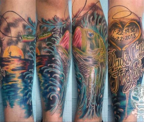 Many of our readers love the outdoor sports so much that they've inked them onto their bodies, permanently. Cool fishing themed memorial multicolored tattoo with ...