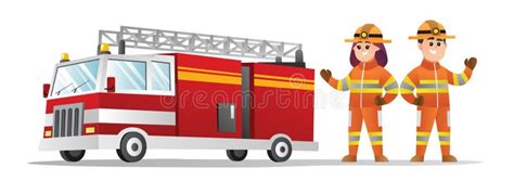 Cute Male And Female Firefighter Cartoon Characters Stock Vector