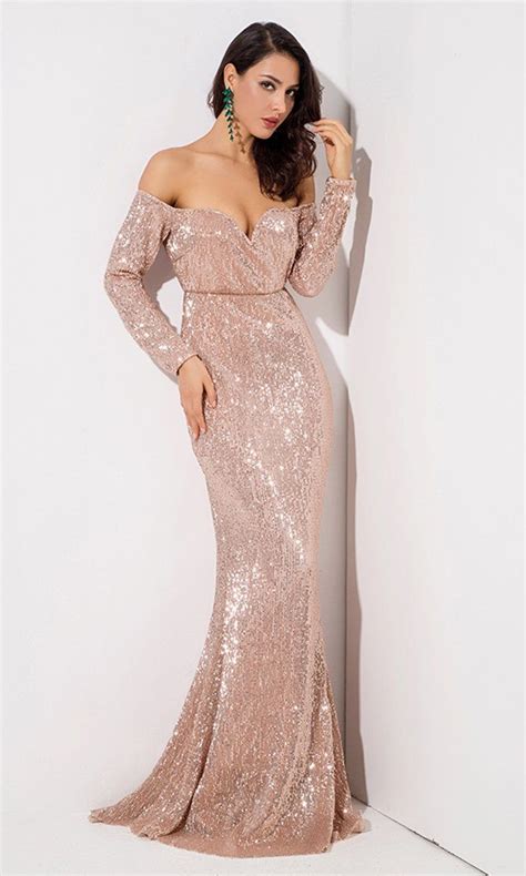 Time To Sparkle Champagne Sequin Long Sleeve Off The Shoulder V Neck Mermaid Maxi Dress In 2019