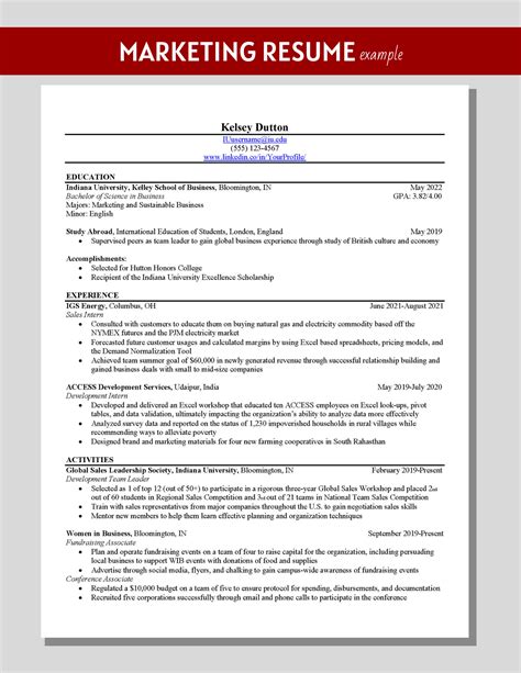 Marketing Resume Example Kelleyconnect Kelley School Of Business