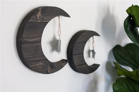 Stained Hanging Moon And Star Set Wood Decor Boho Decor Etsy