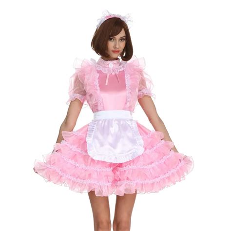 Sissy Girl Maid High Necked Pink Satin Frilly Dress Cosplay Costume Crossdress In Holidays