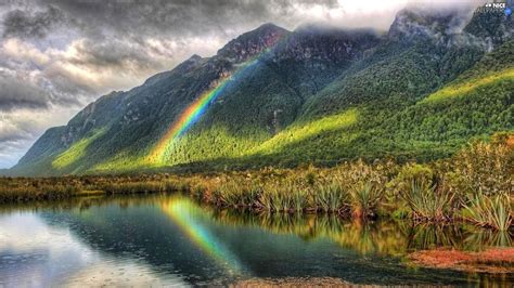 Lake Great Rainbows Grass Mountains Nice Wallpapers 1920x1080