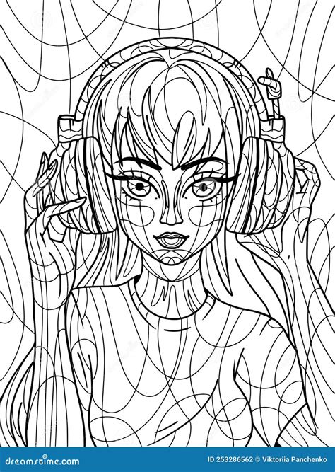 Girl In Big Headphones Freehand Sketch For Adult Antistress Coloring