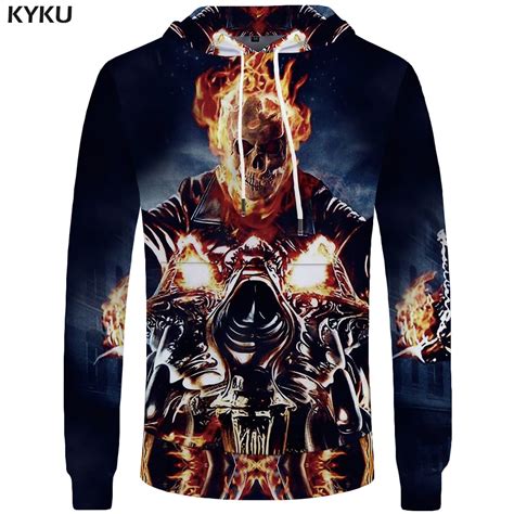 Kyku Skull Hoodie Men Motorcycle Sweatshirt Fire City 3d Printed