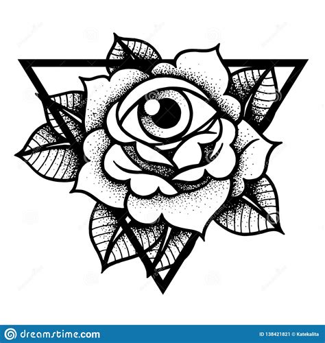 Rose And Eye Tattoo With Sacred Geometry Frame Stock Vector