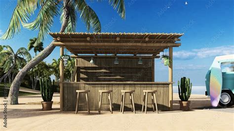 3d Render From Imagine Summer Beach Bar In The Sand With The Sea Beach