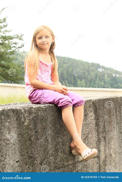Kid Girl Sitting On Railing Stock Photo Image 42478189
