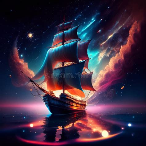 Sailing Ship With Fire In The Night Sky 3d Rendering Generative Ai