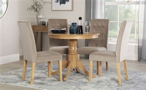 Kingston Round Oak Dining Table With 4 Regent Mink Velvet Chairs