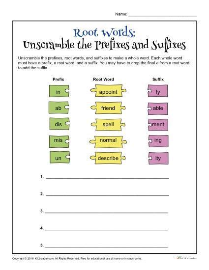 Root Words Unscramble The Prefixes And Suffixes Suffixes Worksheets