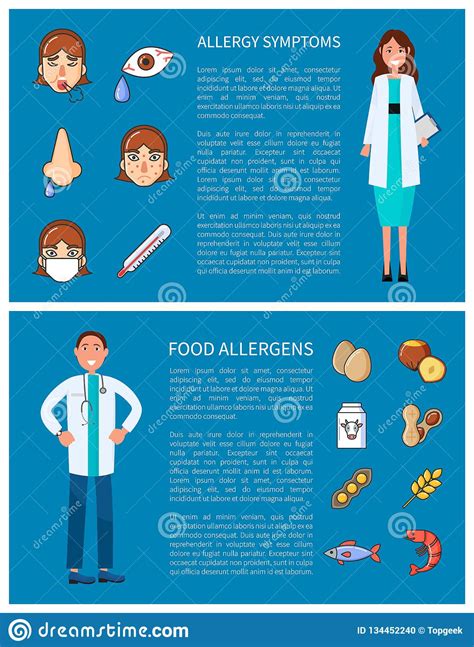 Allergy Symptoms And Food Allergens Vector Posters Stock Vector