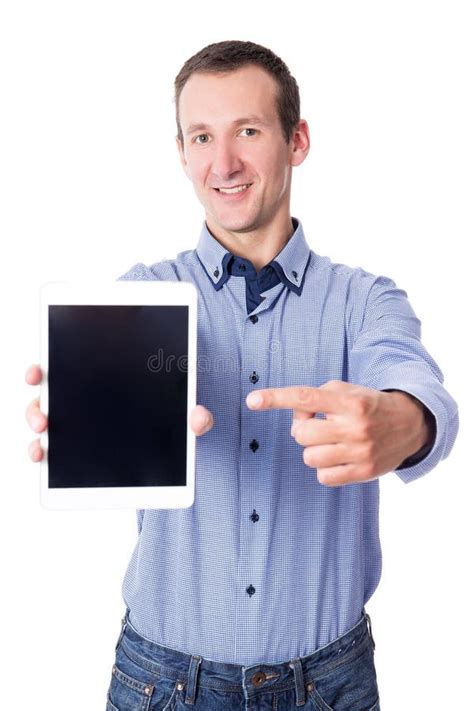 Business Man Showing Tablet Pc With Blank Screen On Whi Stock Photo