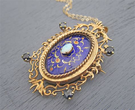 Antique 14k Enamel Pendant Brooch Necklace With Blue Enamel Etsy