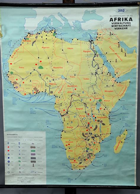 Vintage Wall Chart Geography Map Africa Administration Economy Traffic