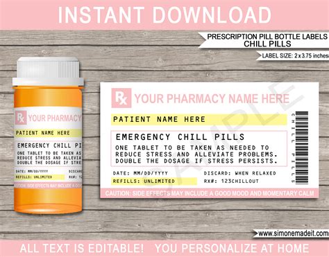 Any time you're given a prescription by a doctor, it's usually for all the wrong reasons. Prescription Chill Pill Labels Template | Emergency Chill ...