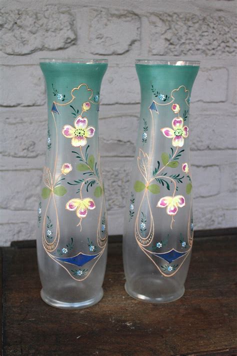 Pair Antique Art Nouveau Glass Enamel Floral Vases Etsy