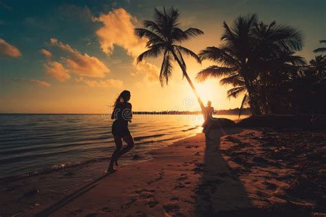 Sea Sunrise Girl Running On The Tropical Island Beach Punta Cana Stock
