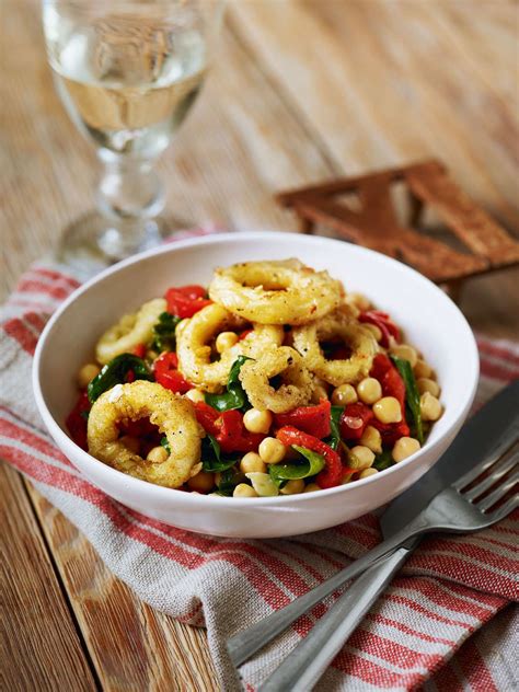 Pan Fried Squid With Spinach Red Peppers And Chickpeas Recipe