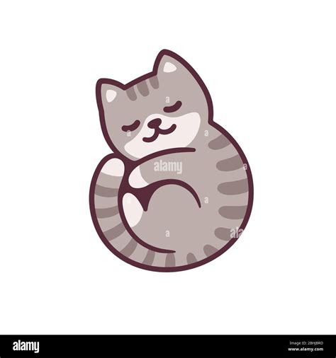 Cute Cartoon Gray Tabby Cat Sleeping In Curled Position Adorable
