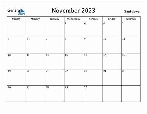 November 2023 Calendar With Zimbabwe Holidays