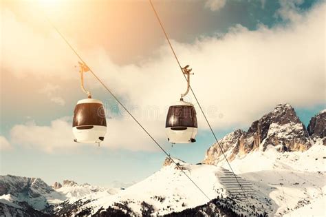 Ski Lift Cabin In Ski Resort In Winter Dolomite Alps Val Di Fassa