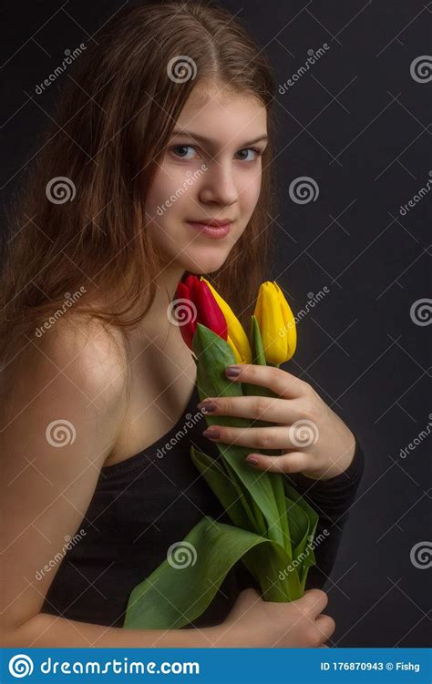 Portrait Of Girl With Tulips In The Studio Stock Image Image Of