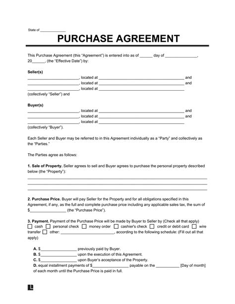 Free Purchase Agreement Template Pdf And Word